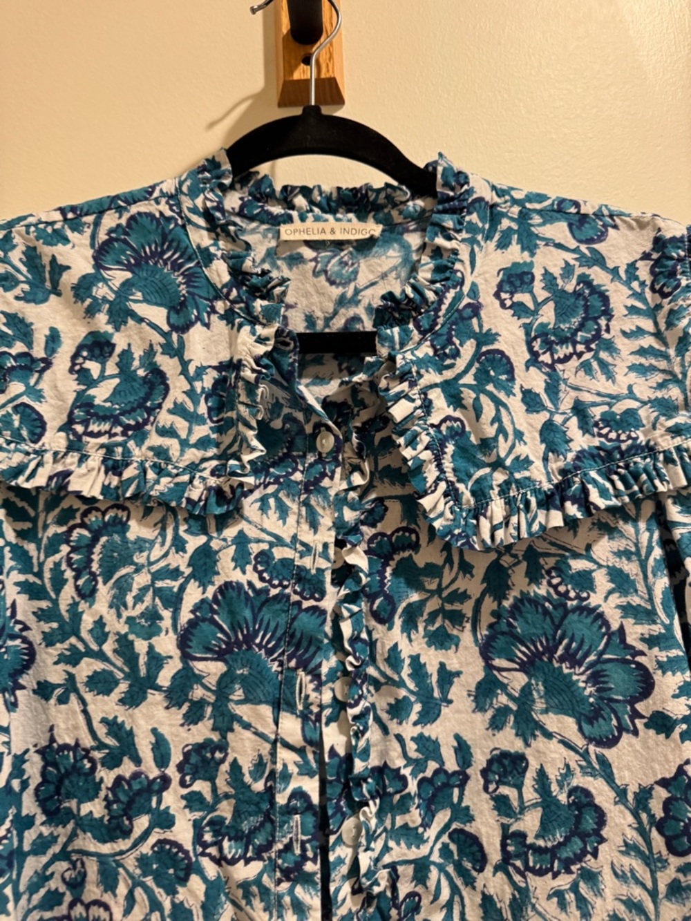 Teal Floral Ruffle-Collar Button Front Blouse size S - Picture 2 of 5
